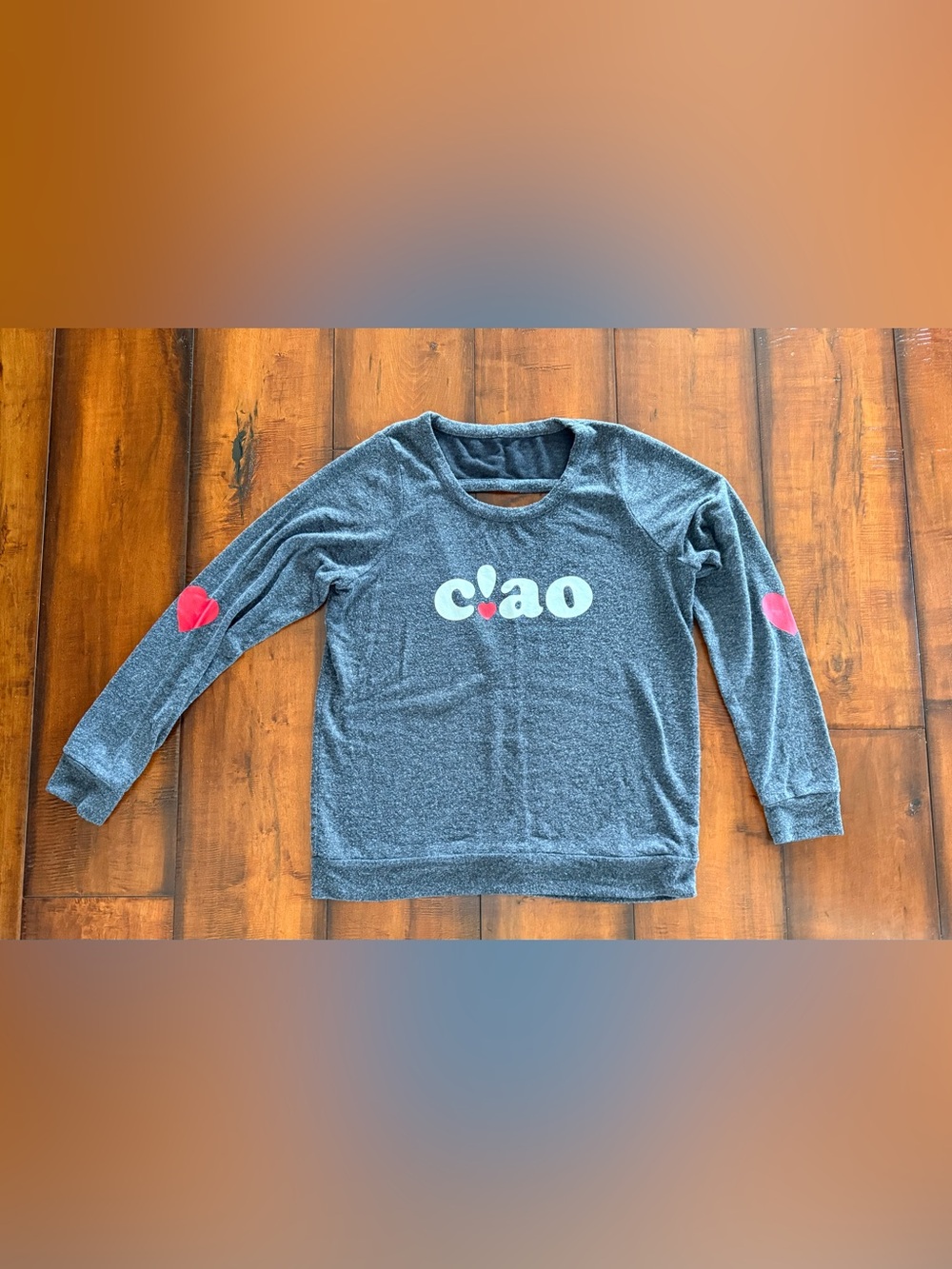SO 'ciao' Gray Pullover Sweatshirt with Red Heart Elbows